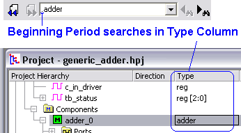 Verilog Simulator and Debugger can search for all instances of a component by putting a period in front of the search stringn